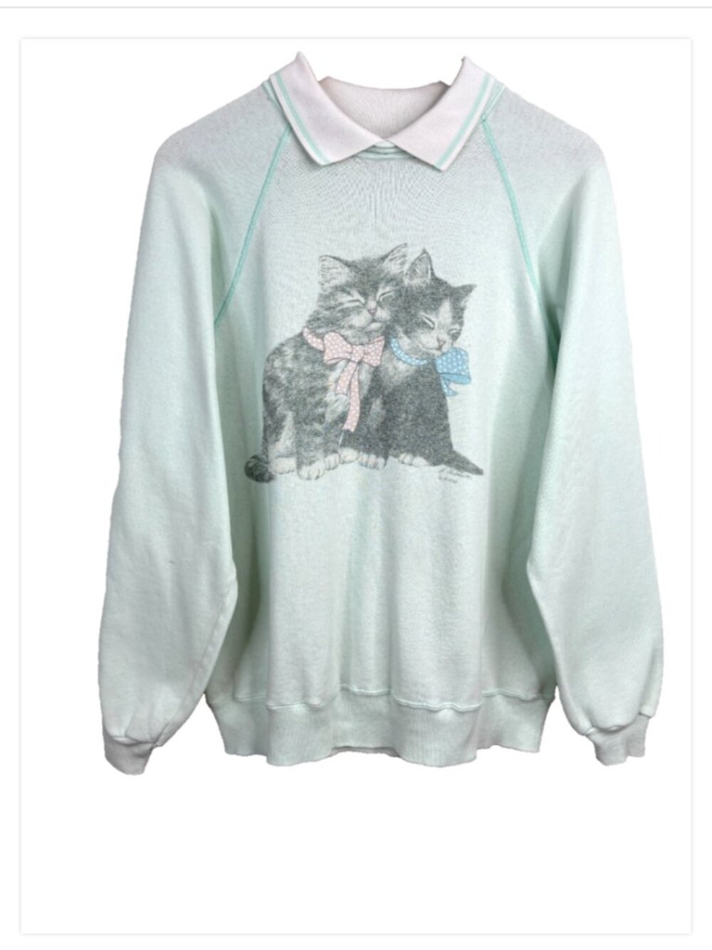 VTG 80s 90s Hanes Cat Sweatshirt L Mint Green Collar Bow Kittens Cottage Granny
